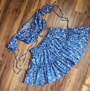 Blue Floral Two Piece Set with Top and Tiered Skirt Size XL